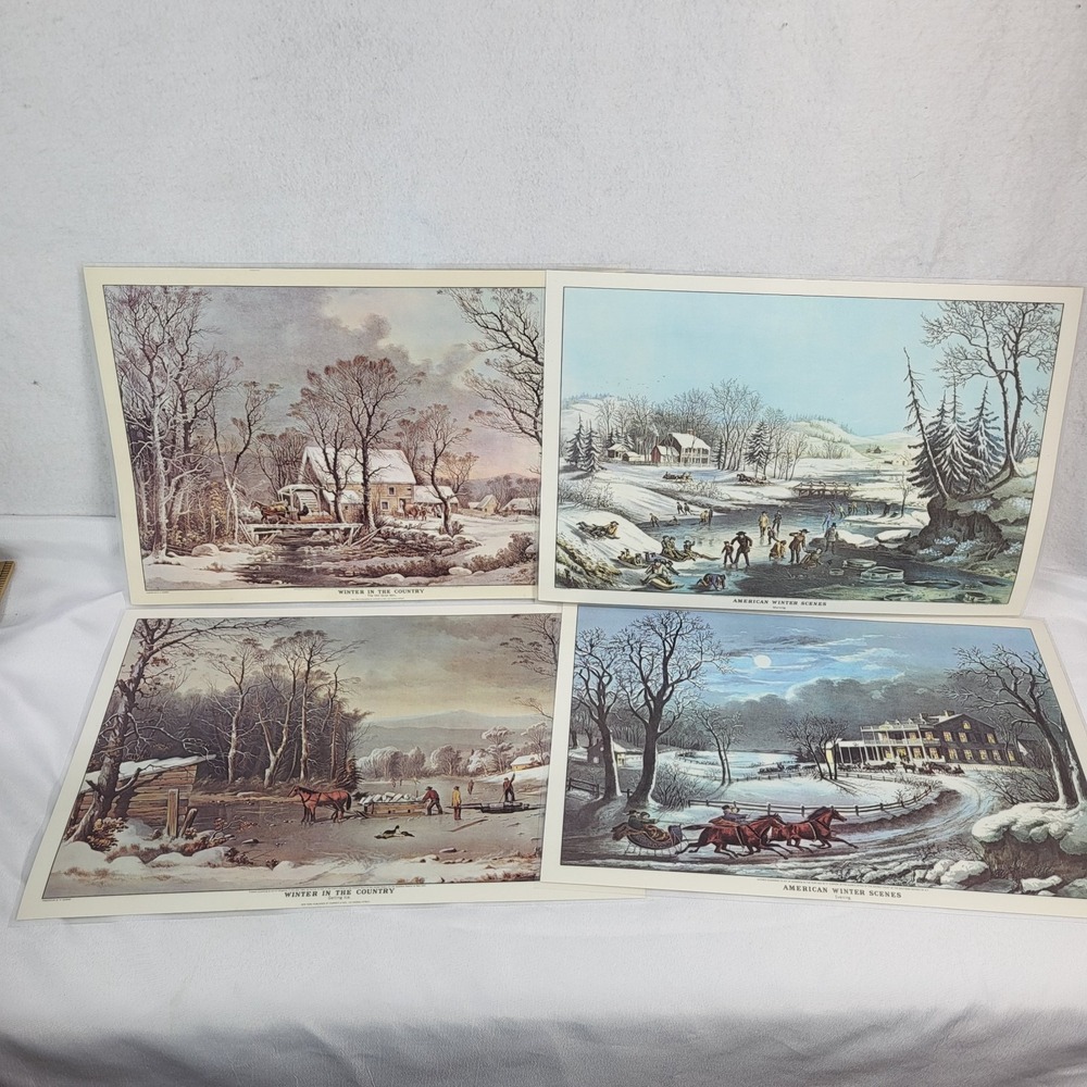 Currier and Ives American Winter Scenes 4 VTG Placemats Set Reversible Christmas